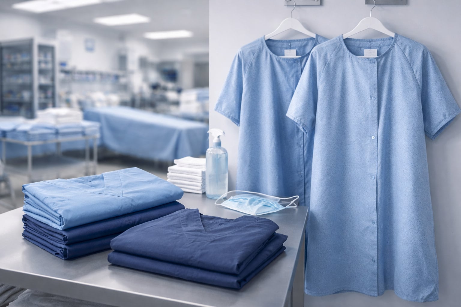 Antimicrobial patient gowns and medical scrubs made from fluid-resistant fabric for high-temperature hospital disinfection cycles
