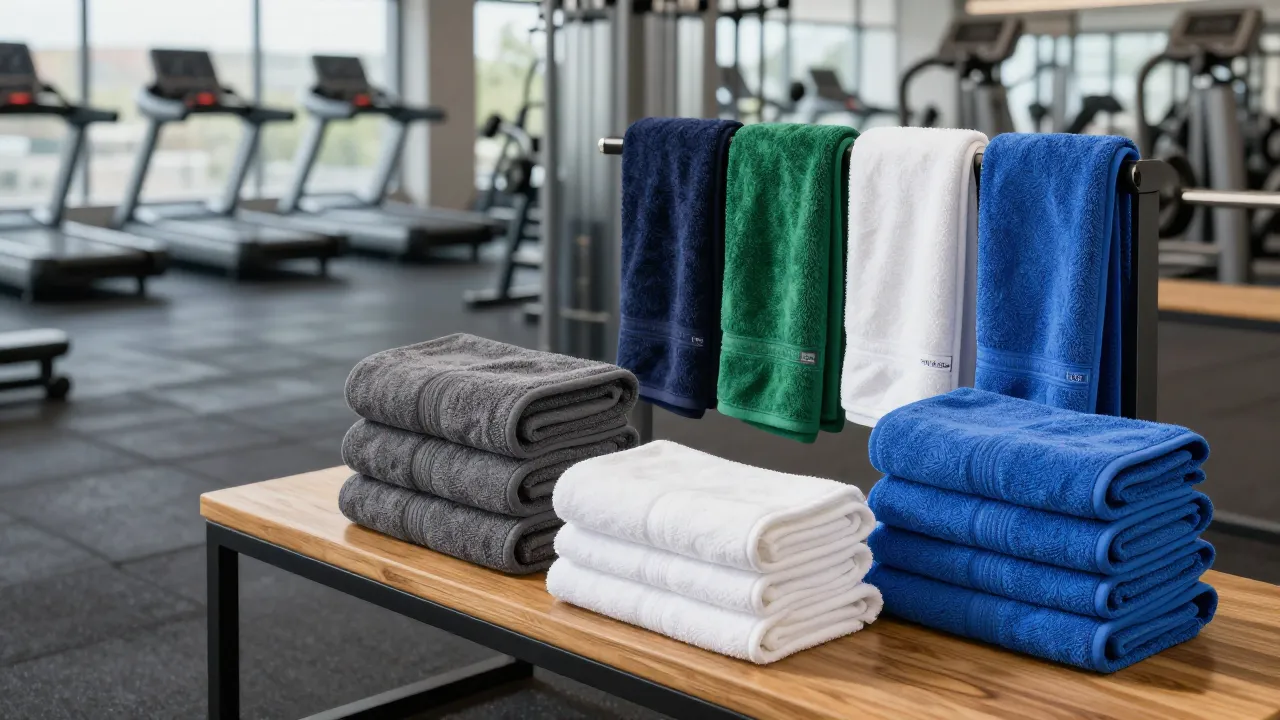 Rapid-dry athletic and gym terry towels with jacquard velour and yarn-dyed Cabana stripes arranged on outdoor loungers in a sunlit hospitality setting
