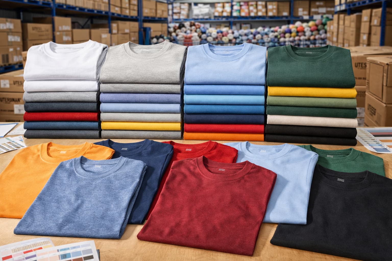 Wide-angle display of combed cotton jersey t-shirts in multiple GSM options, manufactured with ring-spun cotton for wholesale and retail distribution by Utex International