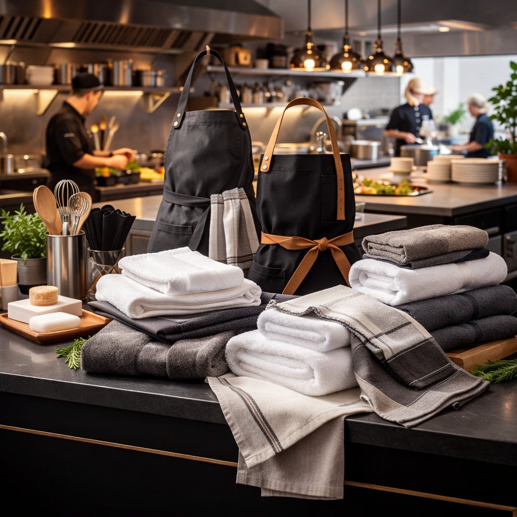 Commercial kitchen linens including chef towels, service cloths and aprons for hospitality and catering operations