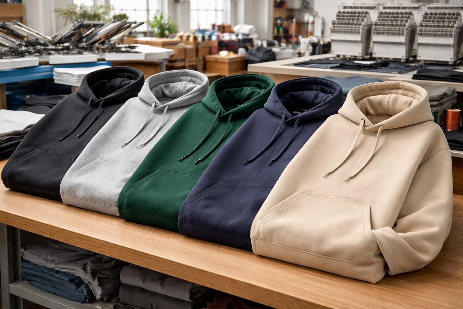 Blank heavyweight fleece hoodies with consistent GSM fabric density, prepared for corporate branding, private label programs, and large-volume promotional apparel production