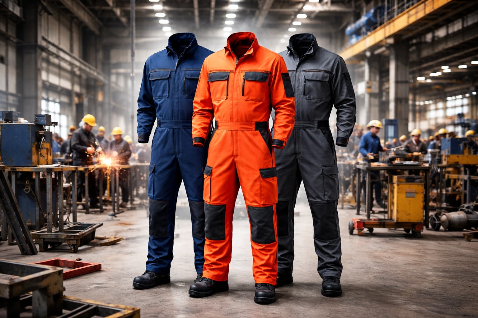 Heavy-duty industrial coveralls and boilersuits with reinforced seams, abrasion-resistant fabric, and multi-functional pockets, designed for construction and manufacturing work environments