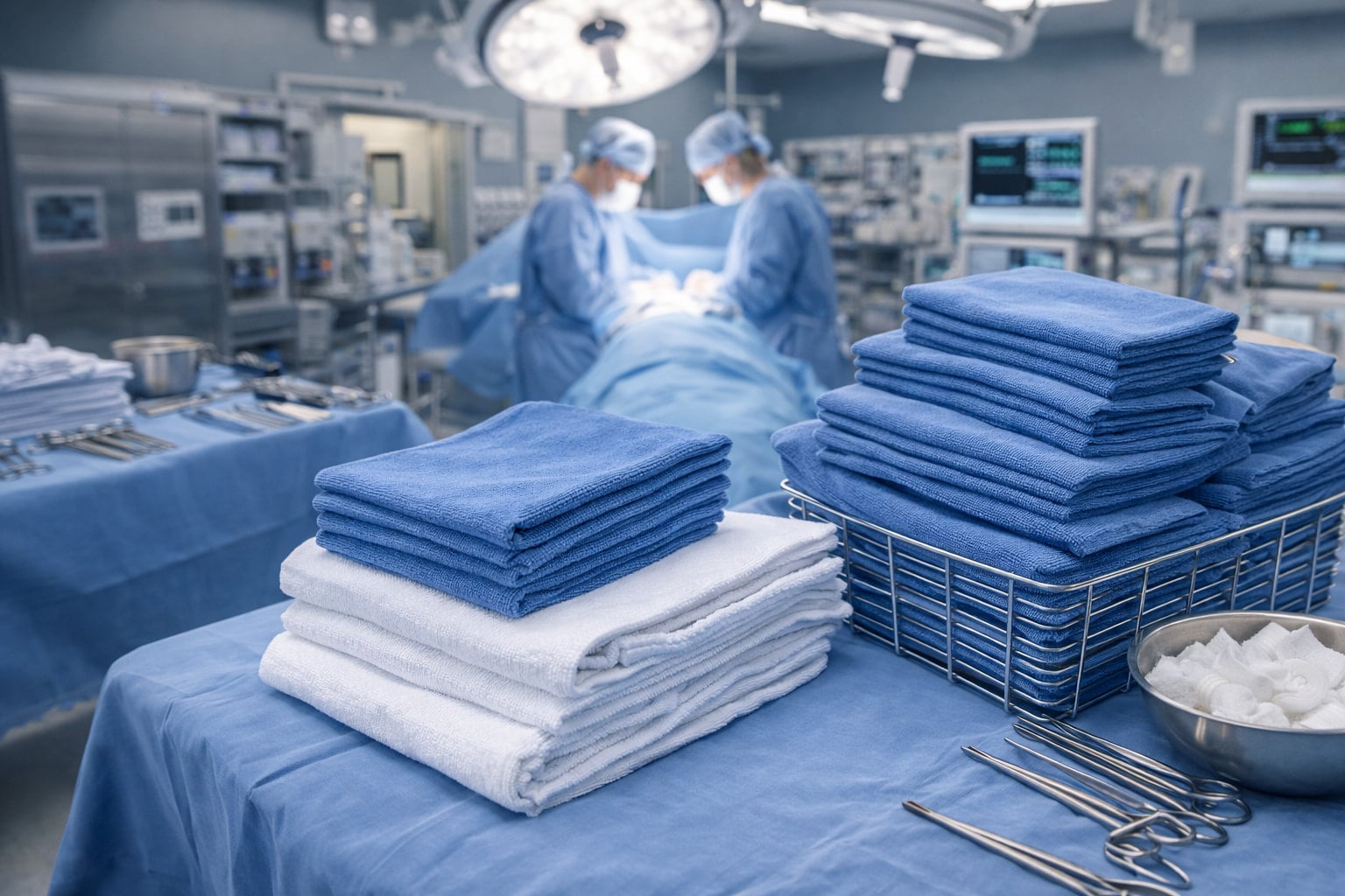 Low-lint surgical and huck towels made from high-absorbency long-staple cotton, compliant with ANSI/AAMI standards for operating room use