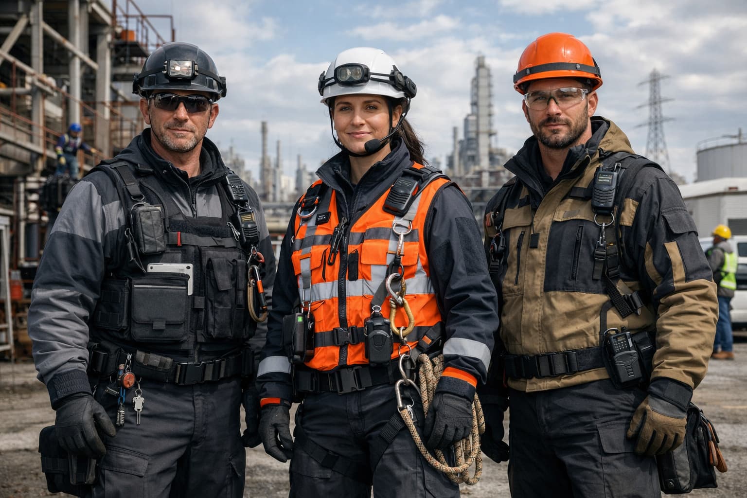 Premium industrial workwear including safety vests, reinforced coveralls, and protective outerwear designed for construction, logistics, and manufacturing professionals
